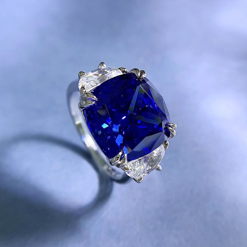 9ct Lab Grown Royal Blue Sapphire Ring, 18K Gold Vermeil, Stylish Statement