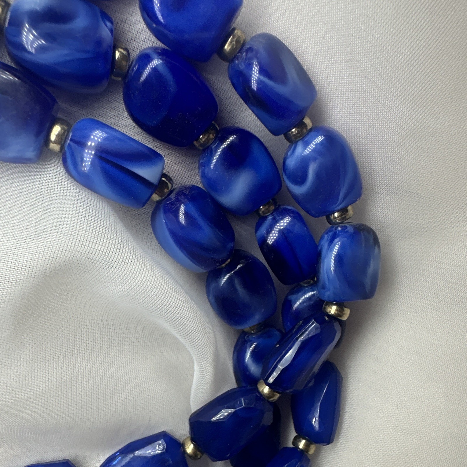 Blue Glass Beaded Multi-Strand Necklace, Silver Tone, Adjustable Lobster Clasp