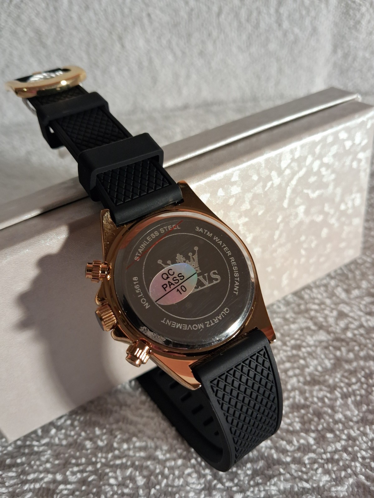 OLEVS Men’s Chronograph Watch Big Face Gold-Tone Black Silicone Band New Box
