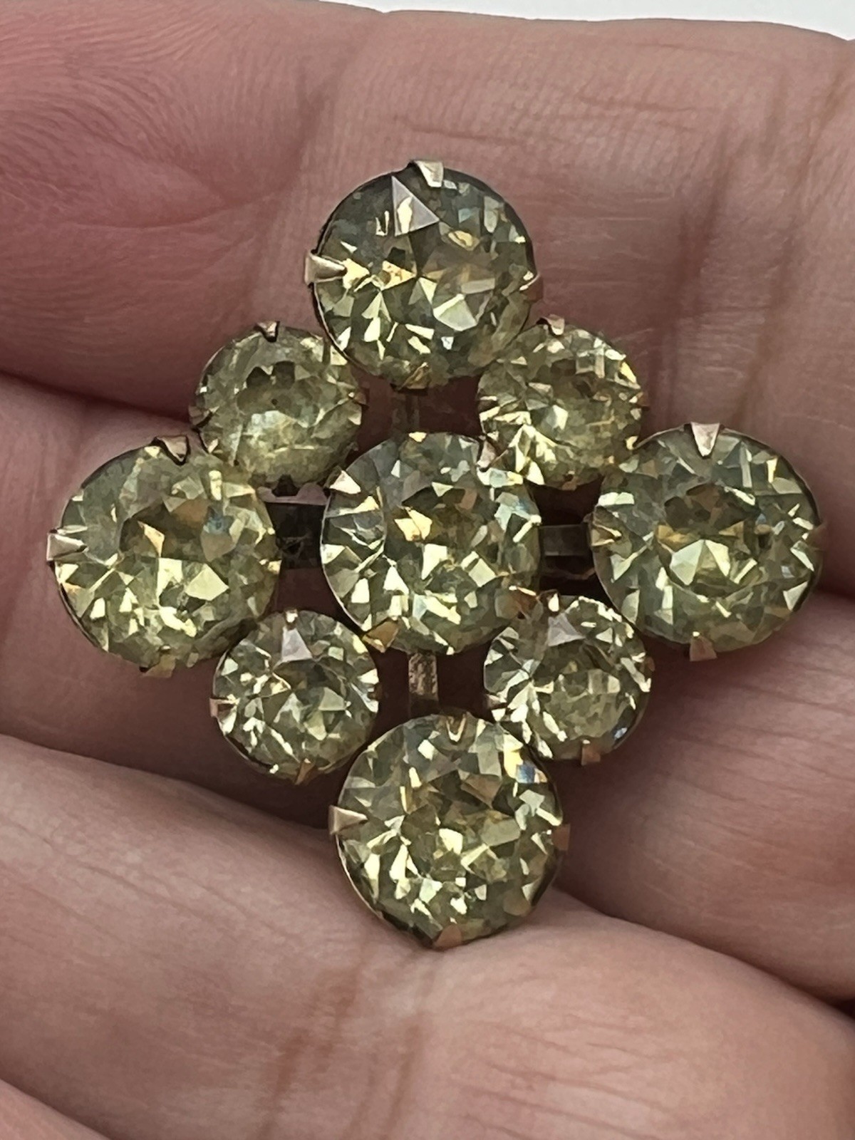 Vintage Jonquil Rhinestones Gold Tone Round Stones, Square Brooch Pin Prong
