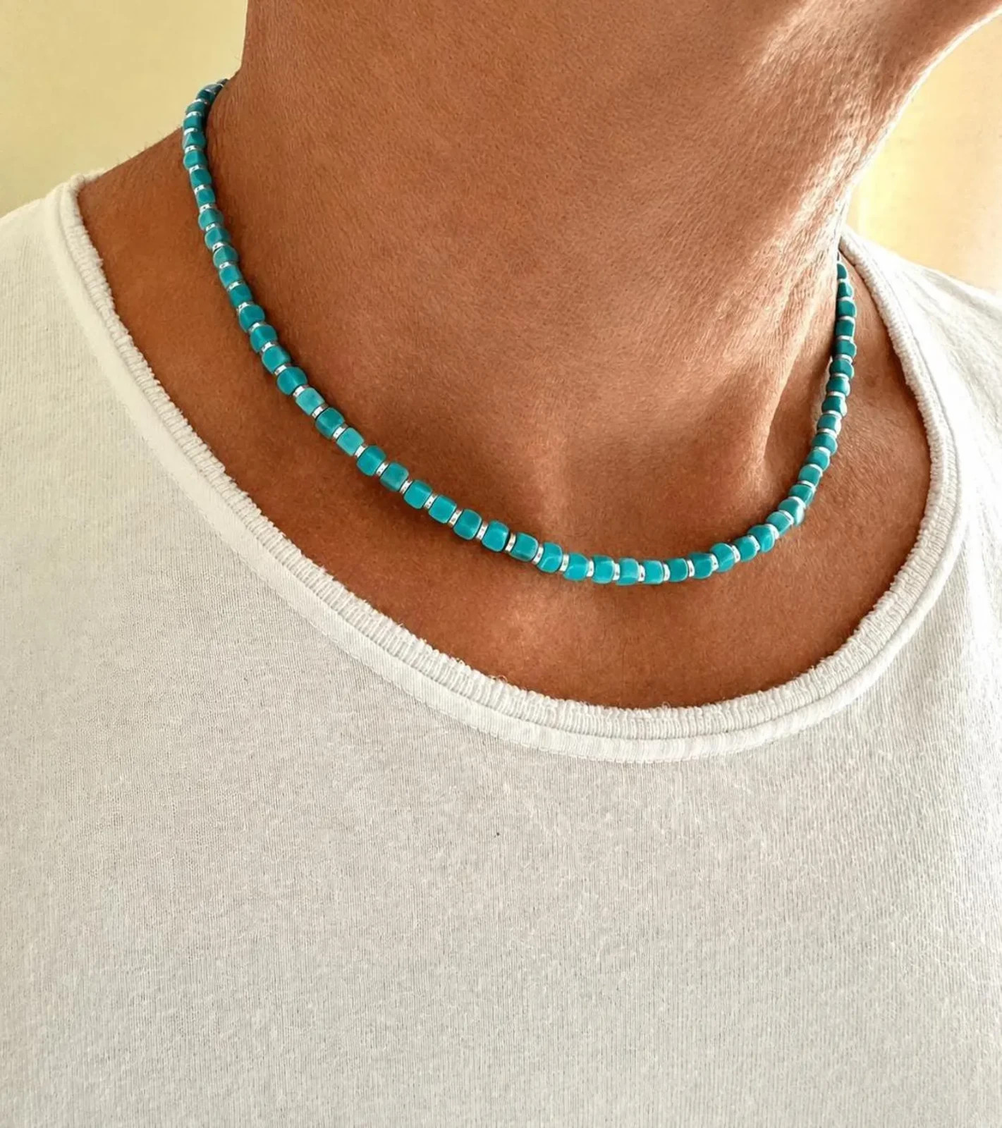 Arizona Turquoise Necklace | 4mm Square Beads, Sterling Silver Accents
