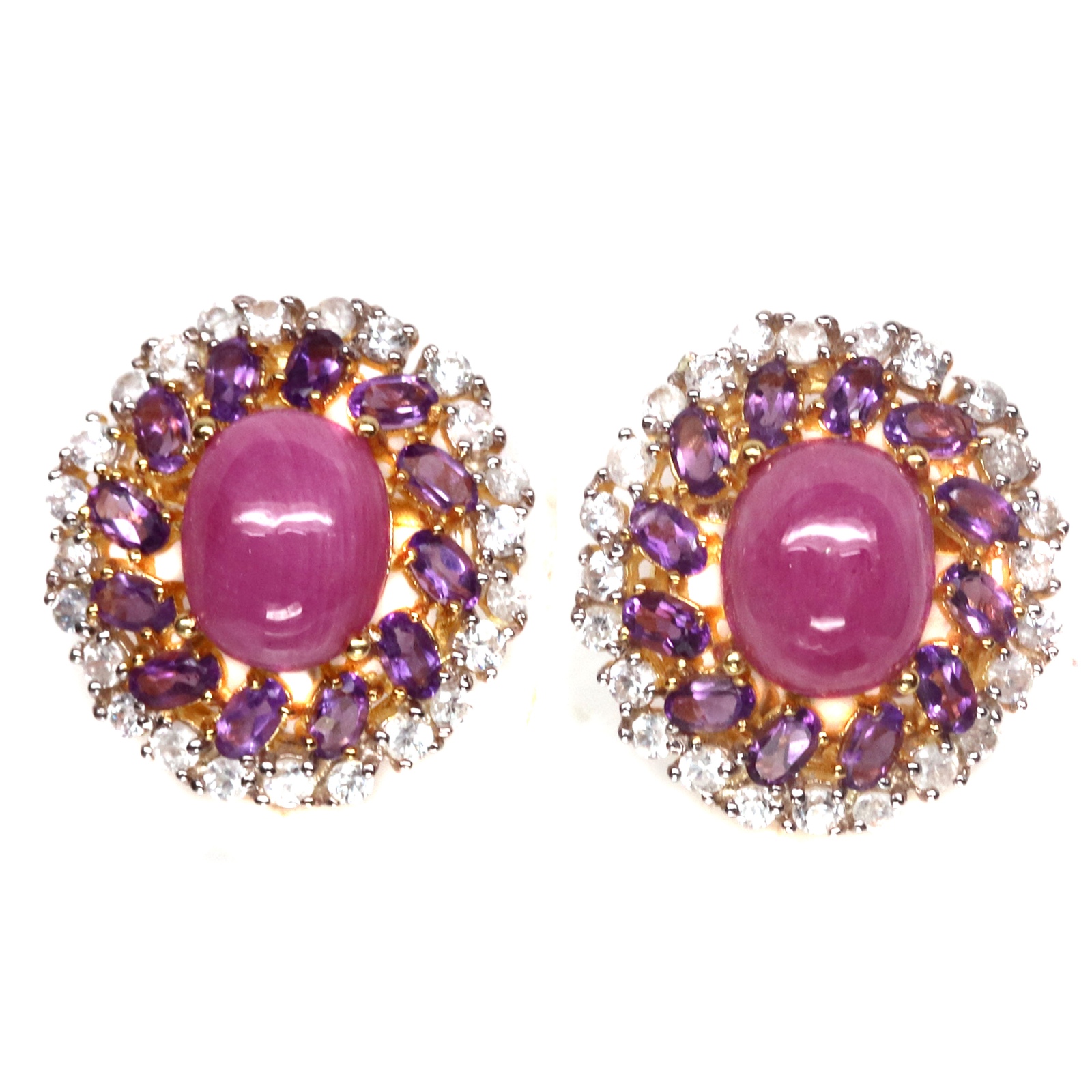 Pink Ruby Stone Stud Earrings 925 Sterling Silver Halo CZ Purple Amethyst