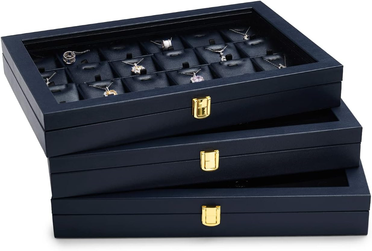 Premium Blue Leather Jewelry Tray with 24 Grid Removable Jewelry Cards Jewelry O