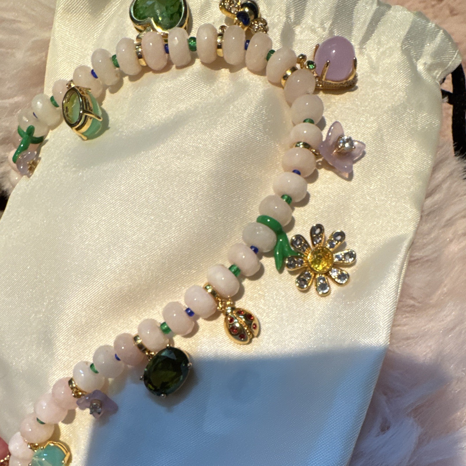 kate spade new york Pink Beaded Charm Necklace Green Heart Glass Pendant