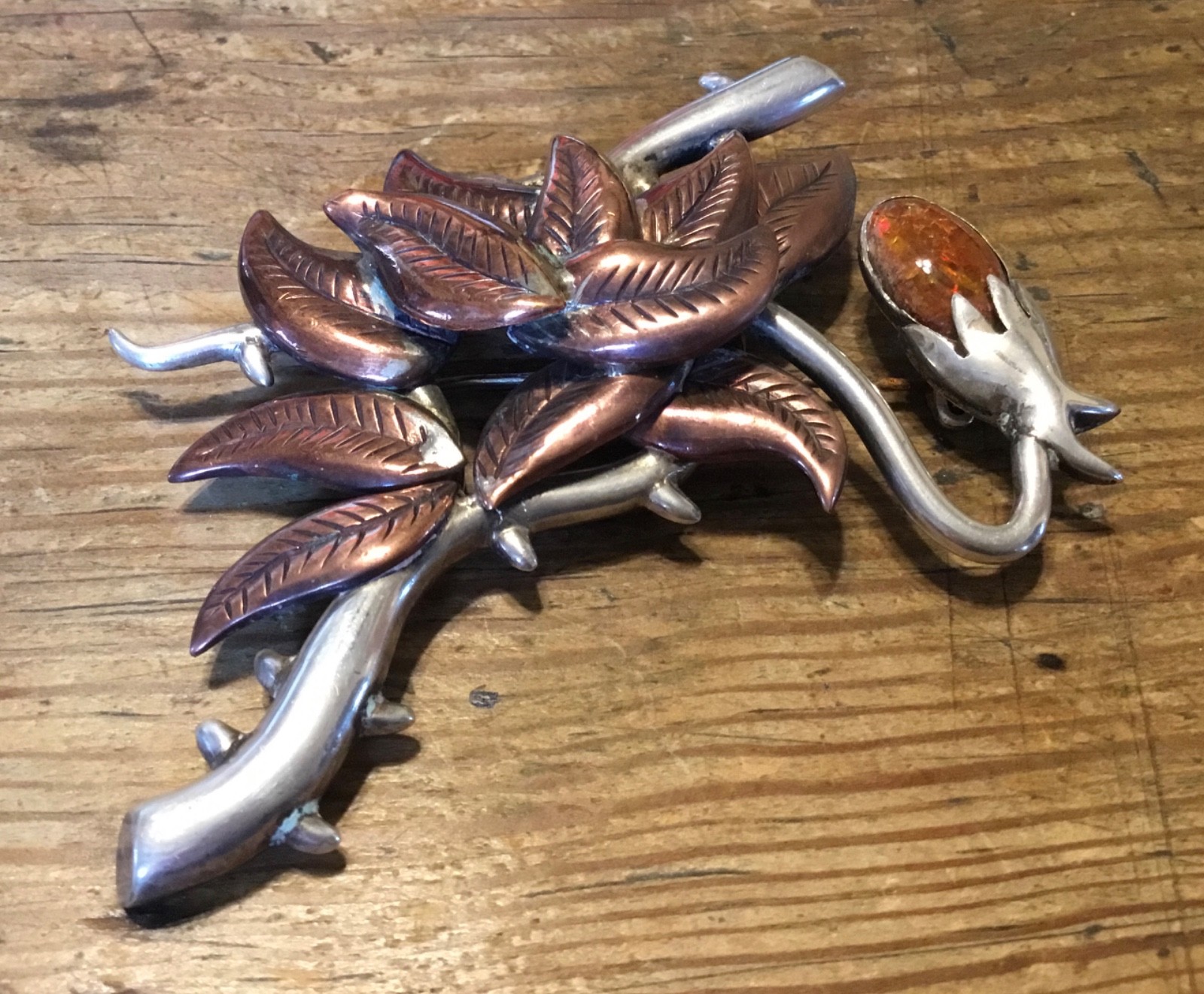 Silver by Tono Antonio Pineda Sterling and Copper Brooch Vintage Mexico Taxco
