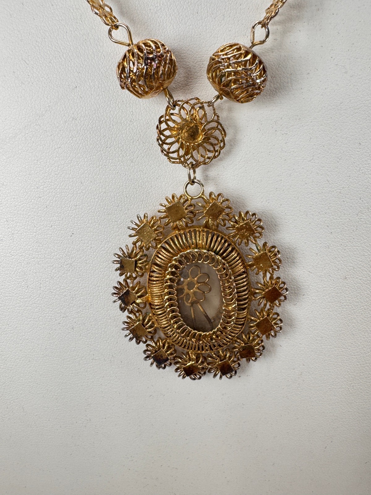 Philippines Tambourine Reliquary Gilt Copper Filigree Pendant Necklace Rosary
