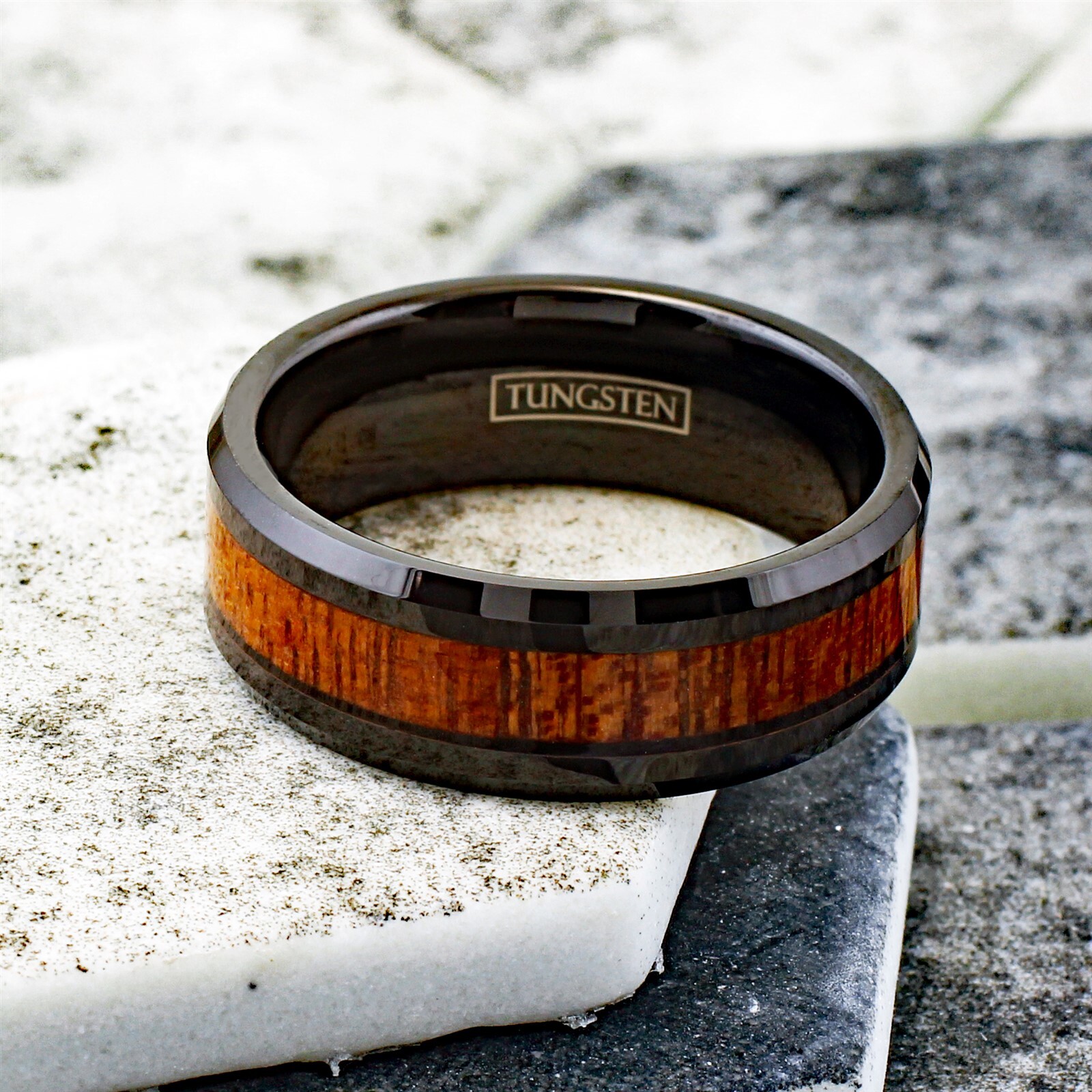 Black Tungsten Men’s Brown Wood Grain Stripe Band Ring Size 9-13