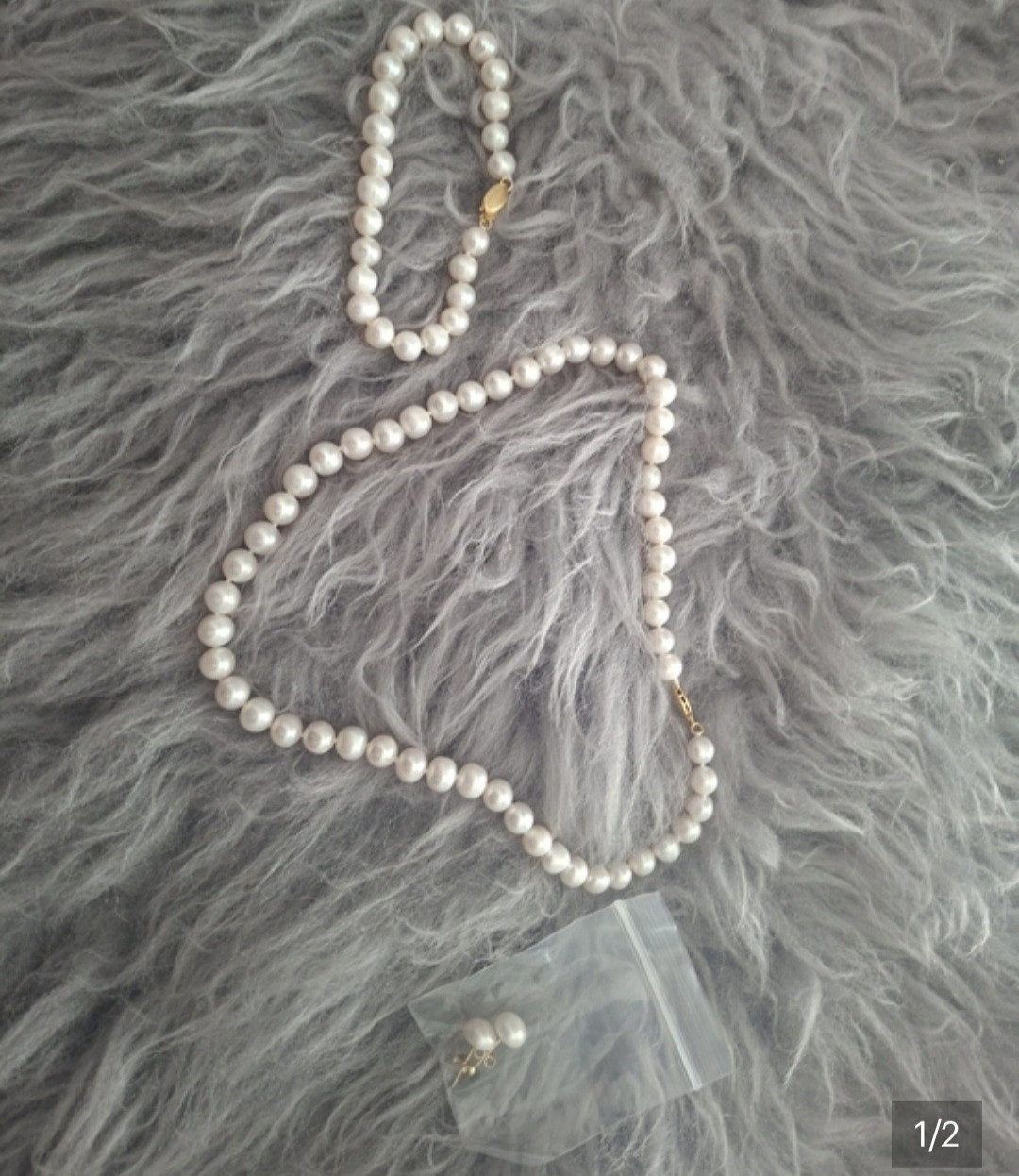White Round Pearl Beaded Strand Necklace, Bracelet, 14k Studs Yellow Gold Metal