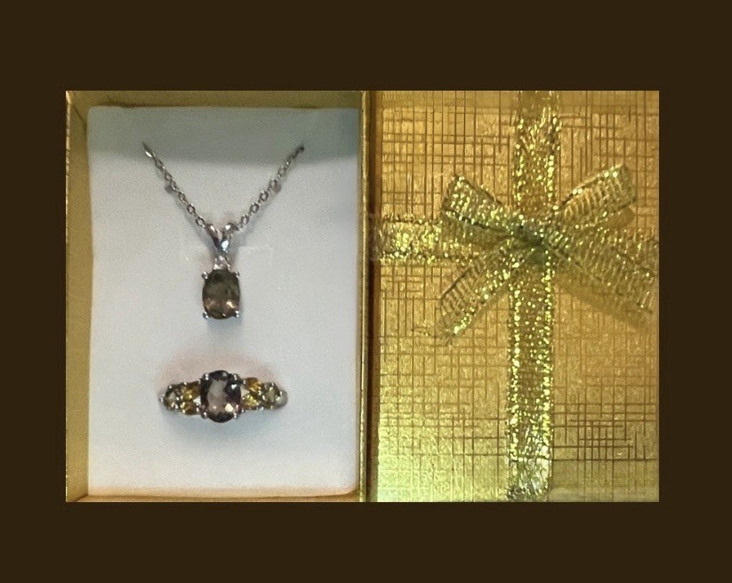 DEAL FINE 925SS Smoky Quartz Necklace, Smoky & Whiskey Quartz Citrine Ring 8 Set