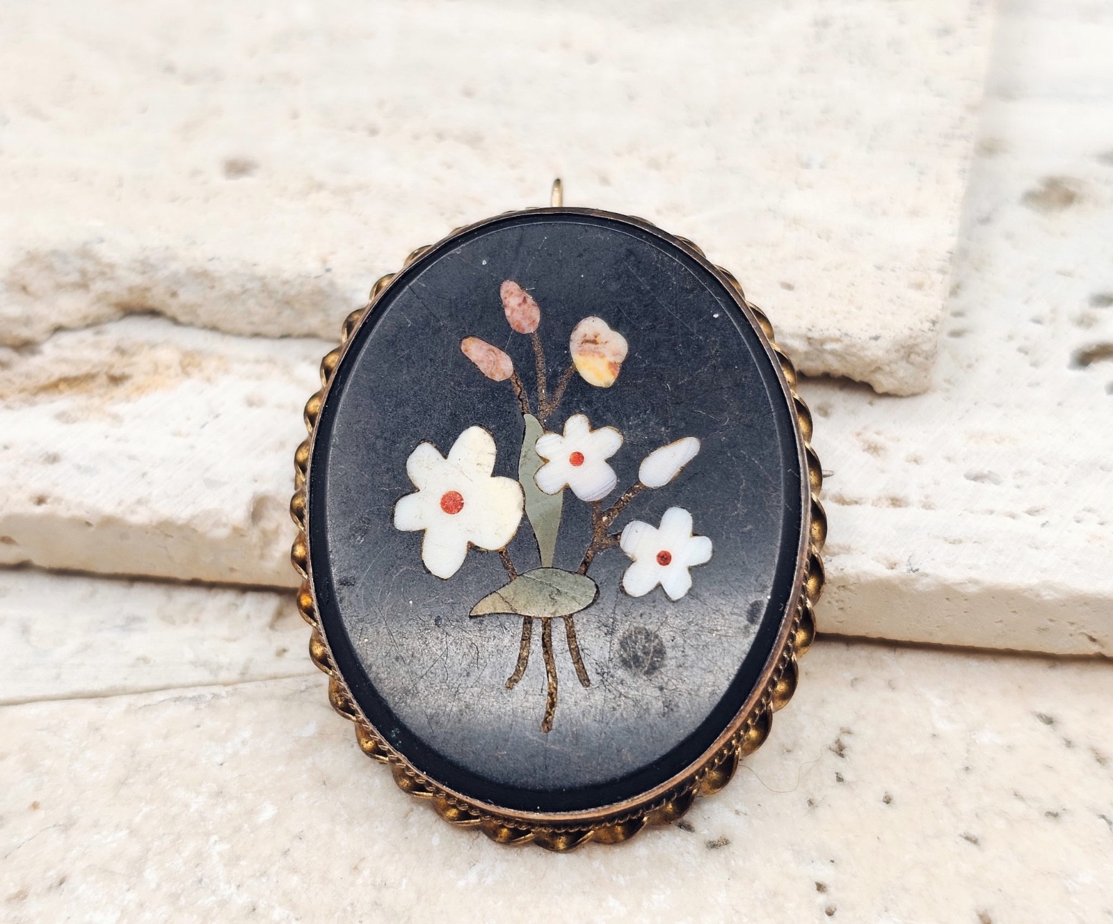 ANTIQUE ITALIAN 10K YELLOW GOLD FILL Pietra Dura Brooch AND Pendant – FLORAL