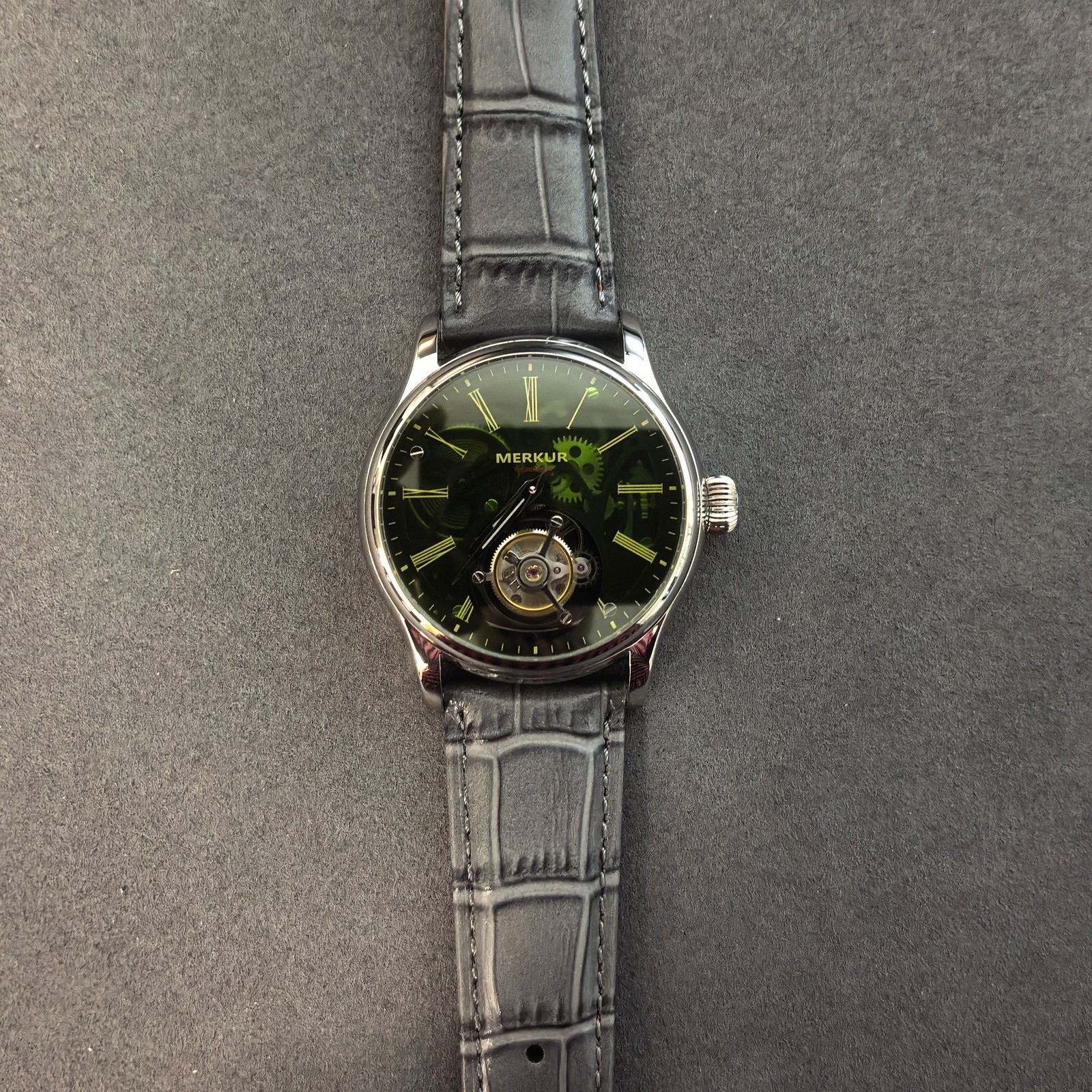 Merkur Men Tourbillon Watch 42mm Mechanical Wristwatch Sapphire Skeleton Dial