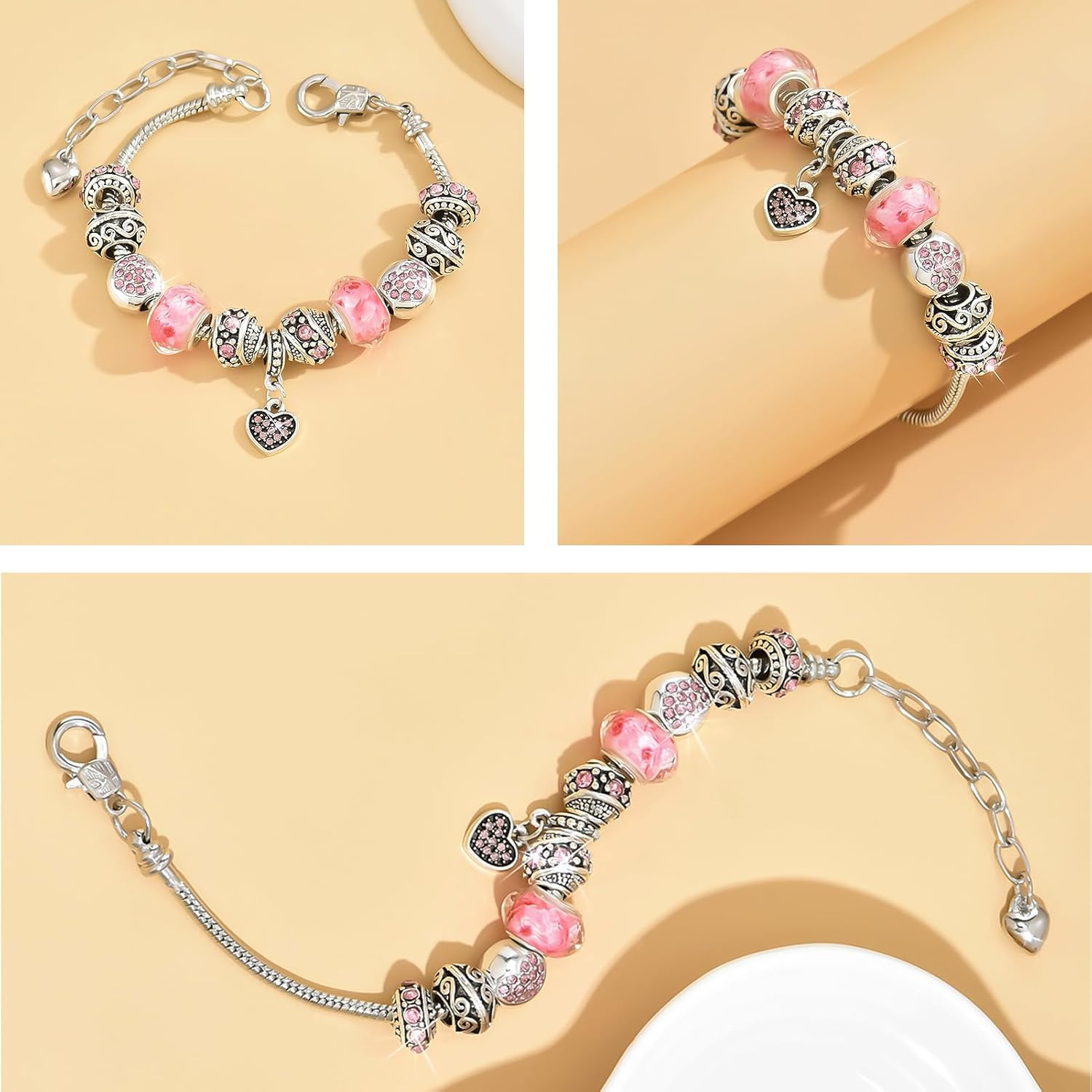 2 Pack Charm Bracelets Pink and Gold Heart Silver 7.5 Inches, Gold/Pink