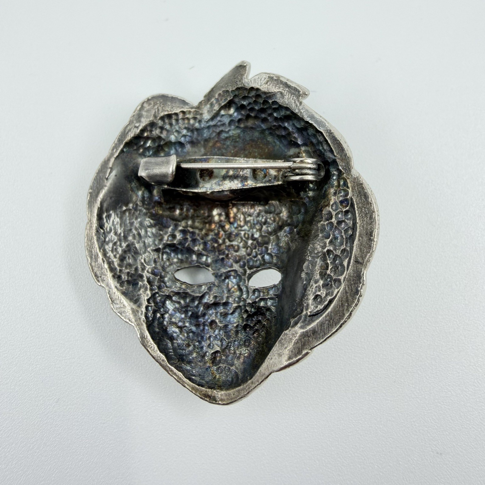 Rare Signed Placcato Ag Carnival Mask Pewter Vintage Rhinestone Brooch Pin