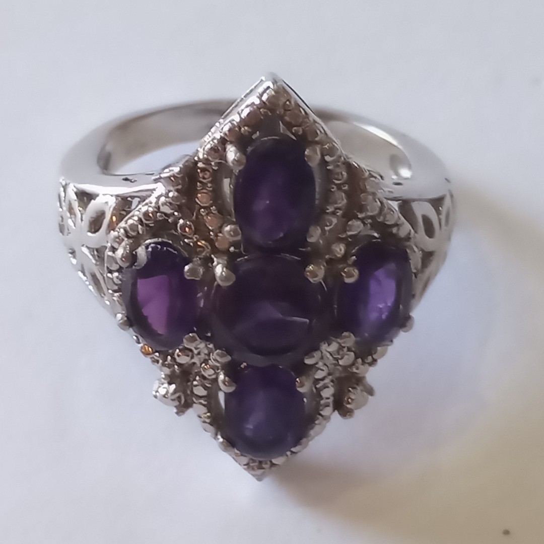 Vintage STS Karis Gothic Cross Amethyst Ring,Silver Tone Cocktail Ring Size 6.5