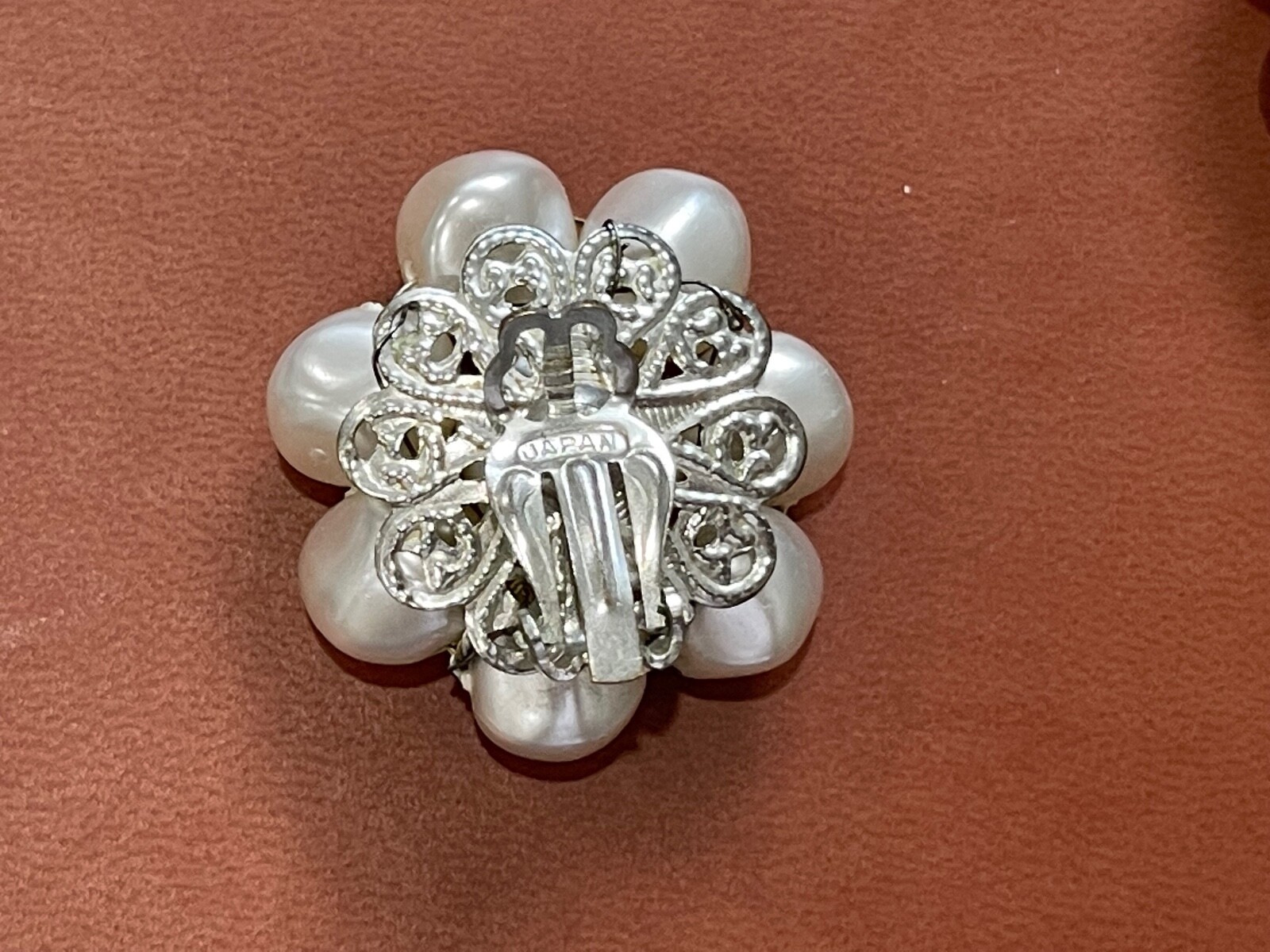 Vintage Japanese Silver Tone Metal Faux Pearl Flower Form Clip on Earrings