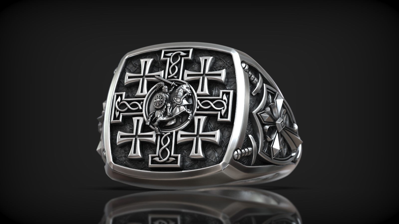 Oxidized Mens Jerusalem Cross Crusader Knight Medieval 925Silver Statement Rings