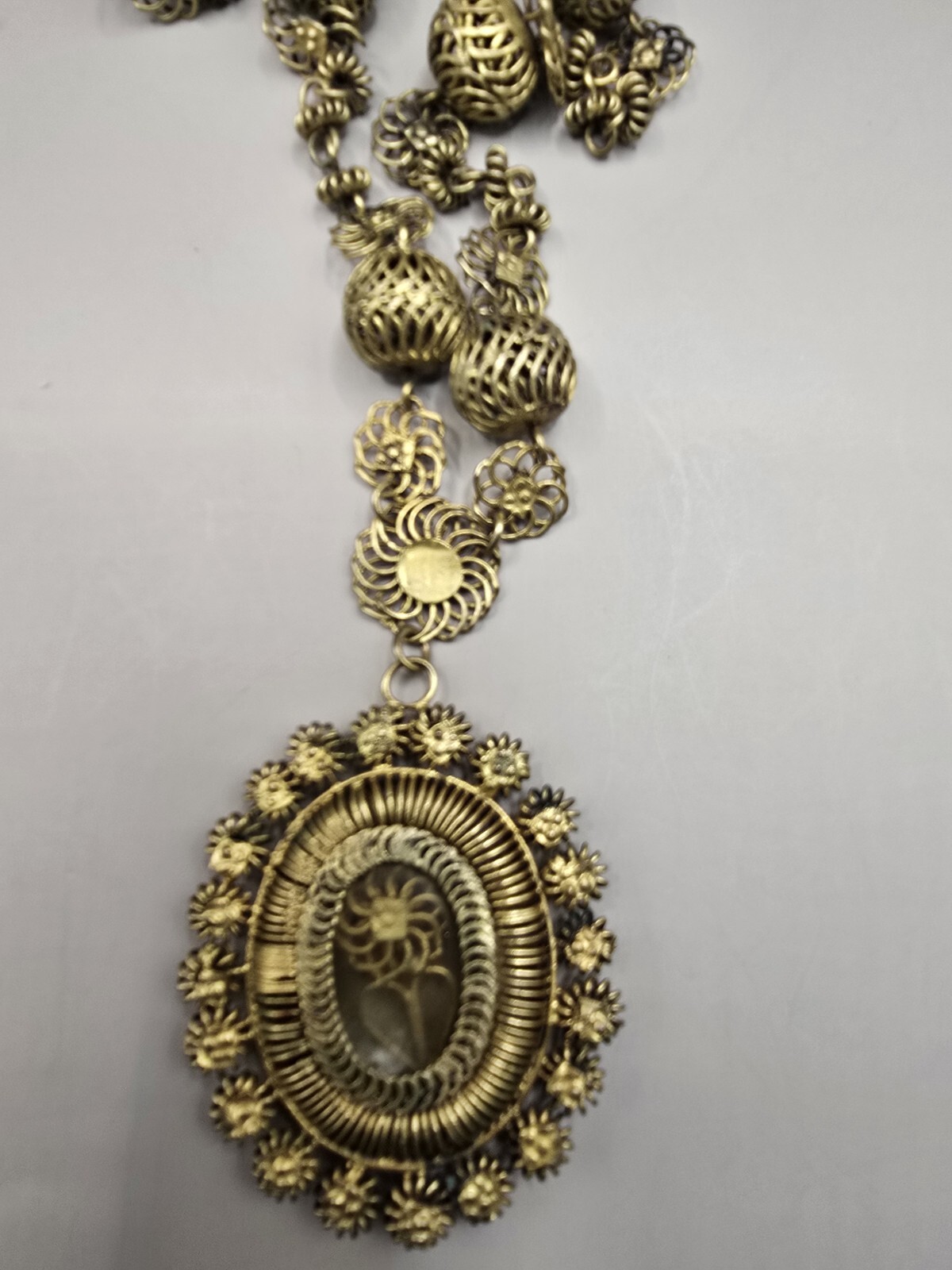 Philippines Tambourine Reliquary Gilt Copper Filigree Pendant Necklace Tamborin