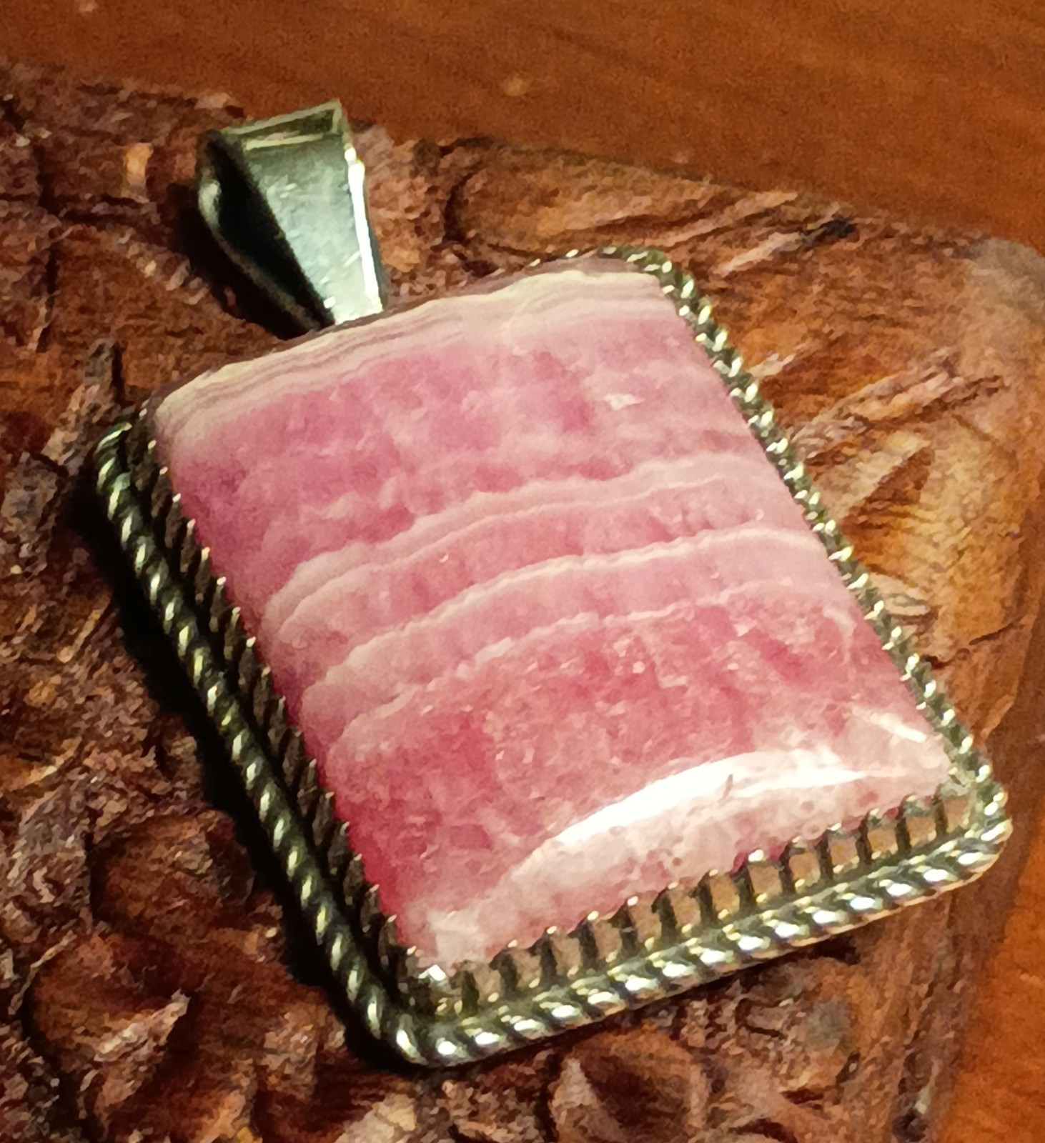 Navajo AJ Signed 925 Sterling Silver 11g Pink Rhodochrosite Pendant
