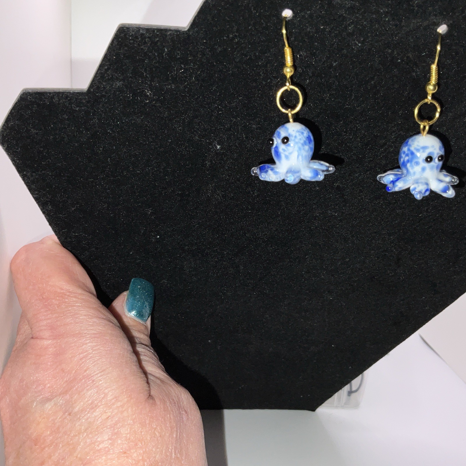 Blue & White Octopus Glass Earrings W/ Backs. Homemade 14k Extra Plated Gold New