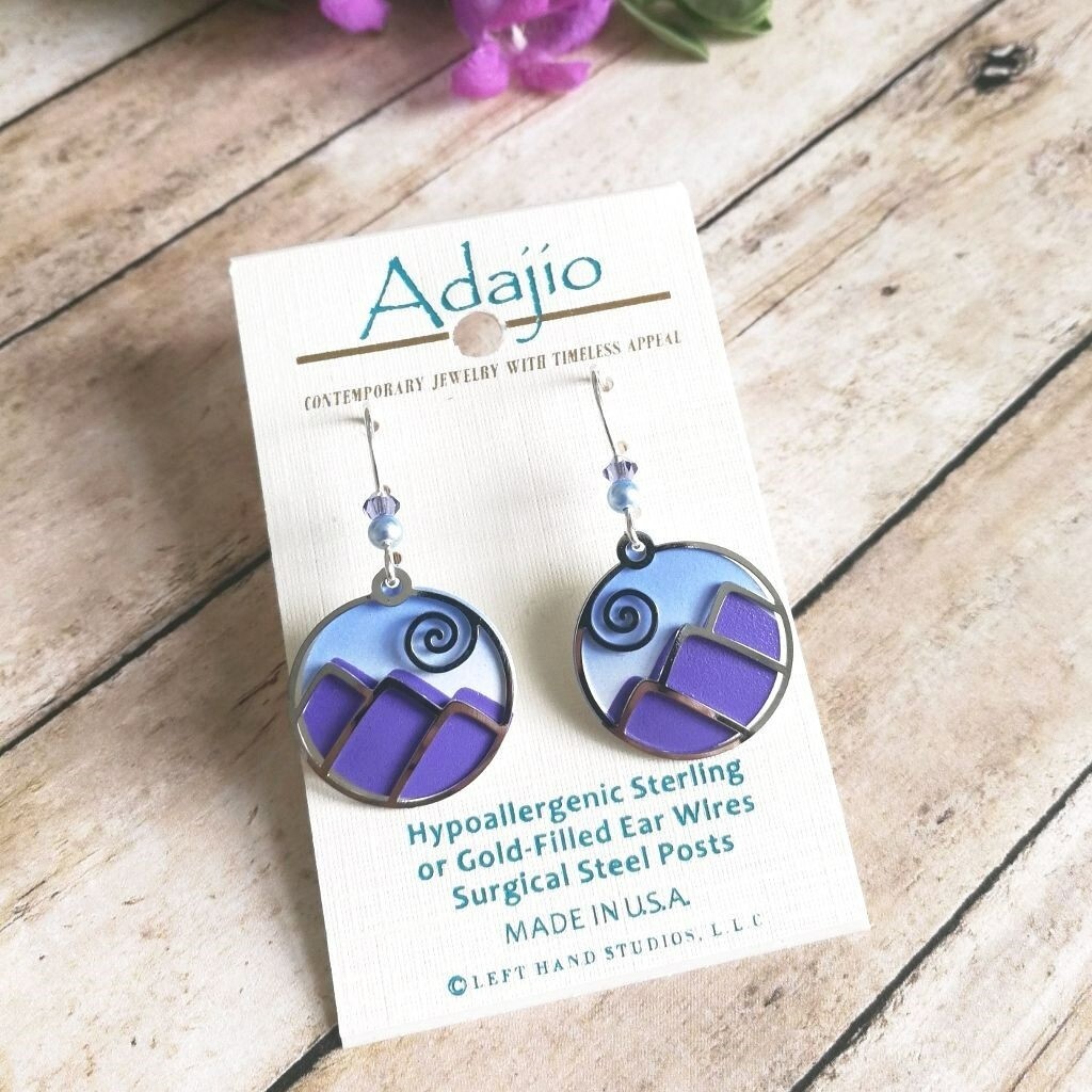 Adajio Earrings Blue and Purple Mountain with Shiny Silver Overlay Handmade 8052