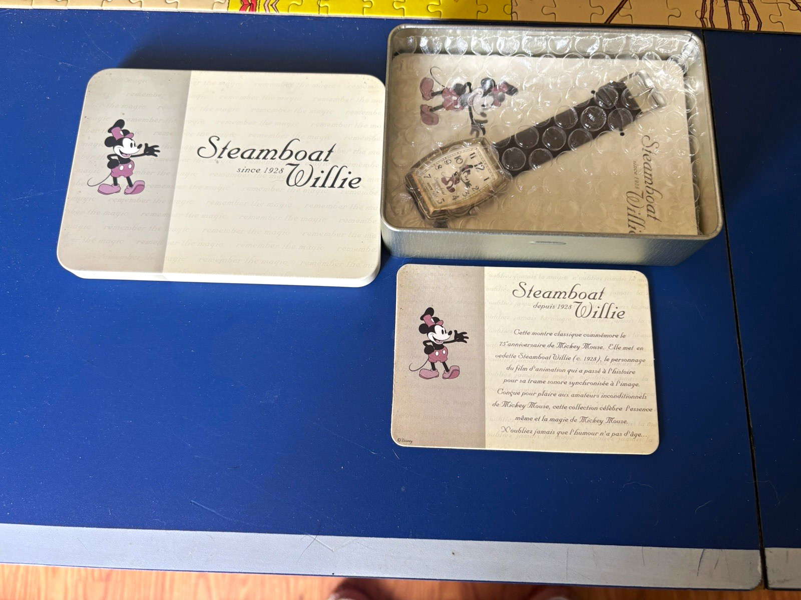 Steamboat Willie Quartz Analog Rectangle Watch Black Leather Strap Box Manual