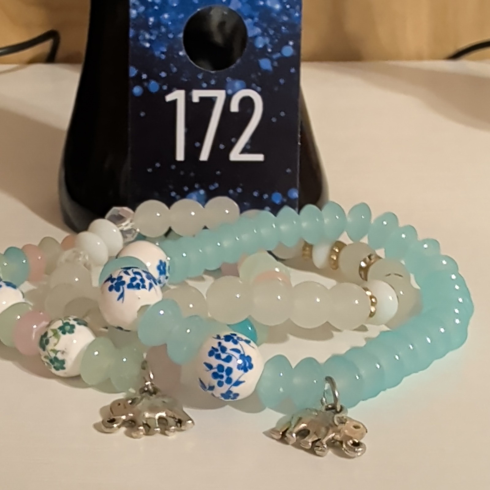 Multicolor Glass Round Beaded Stretch Stackable Bracelets w/ Elephant Dangle