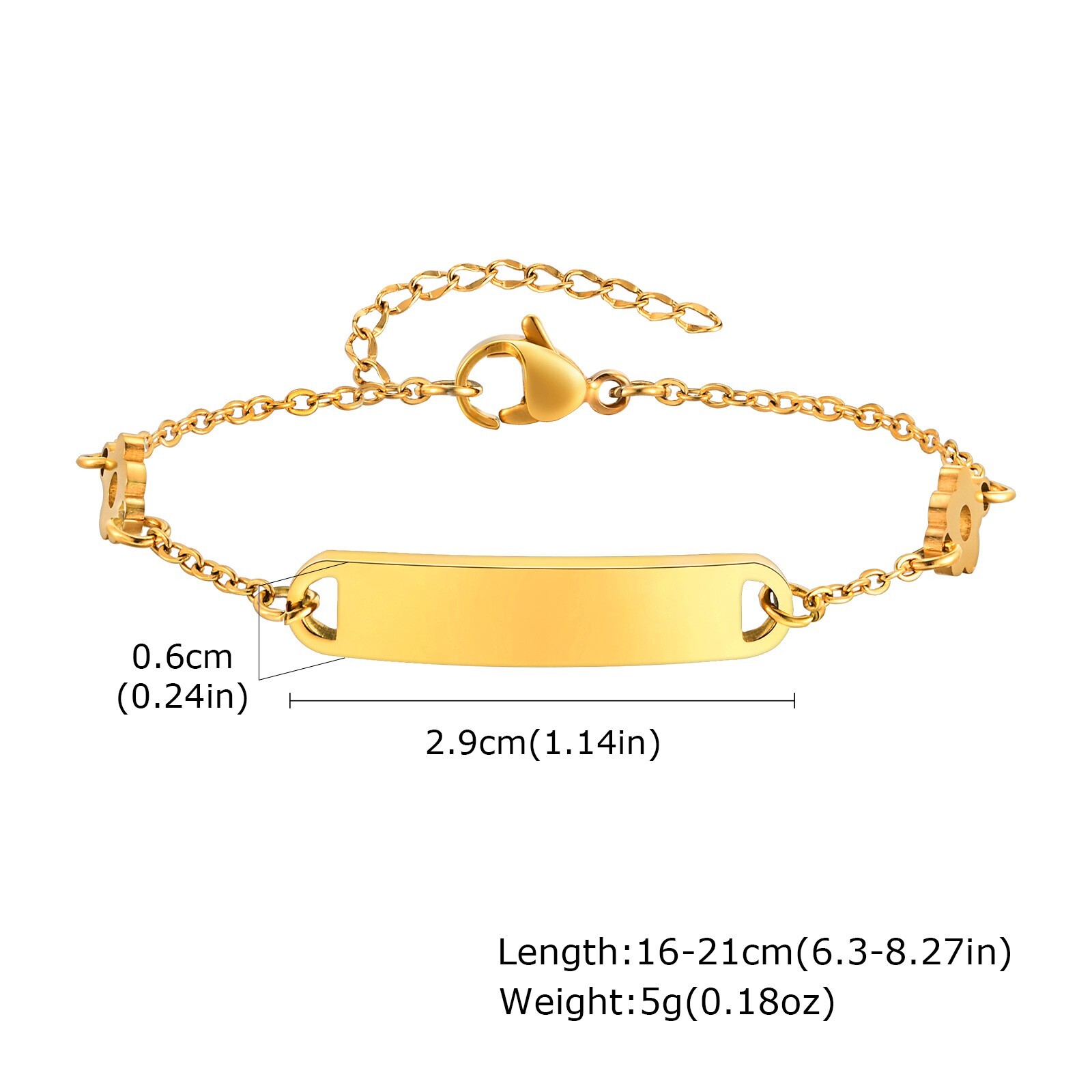 Fashion Stainless Steel Flat Cross Chain Flower ID Bracelet Female Golden 8.26in