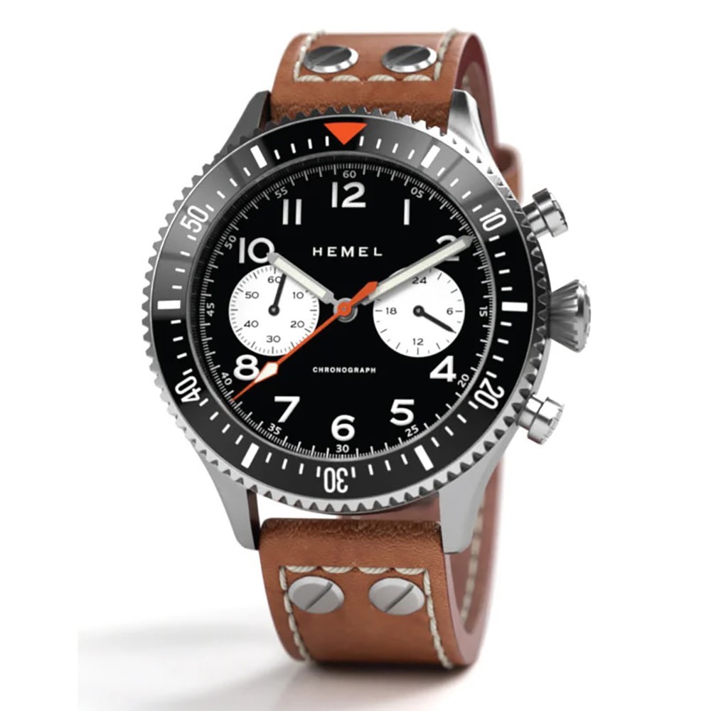 HEMEL HFT20 Mechanical Chronograph Quartz Steel White Leather Black Men’s Watch