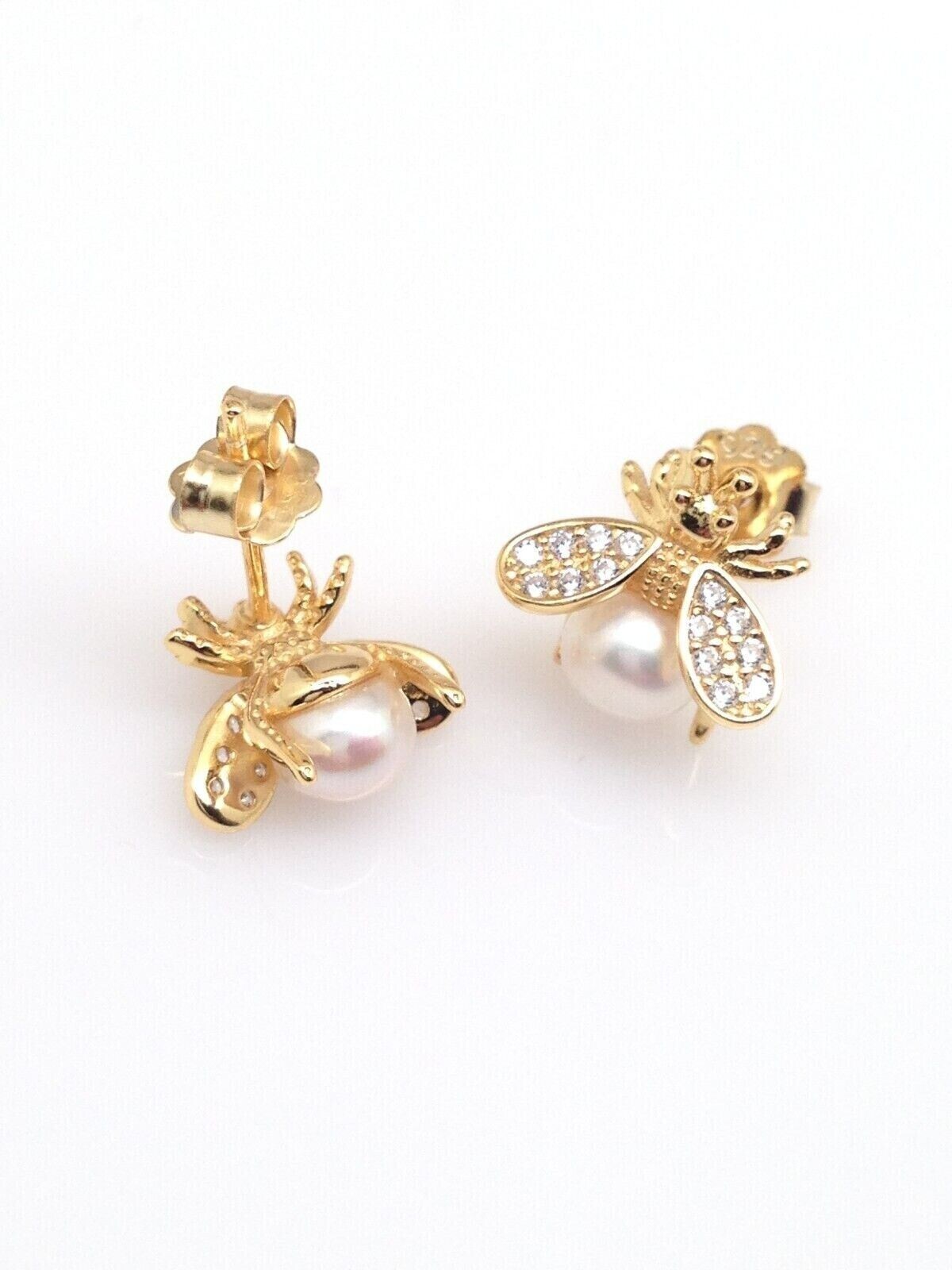 925 Sterling Silver CZ Pearl Bee Stud Earrings Women Girls Gold Studs 11mm