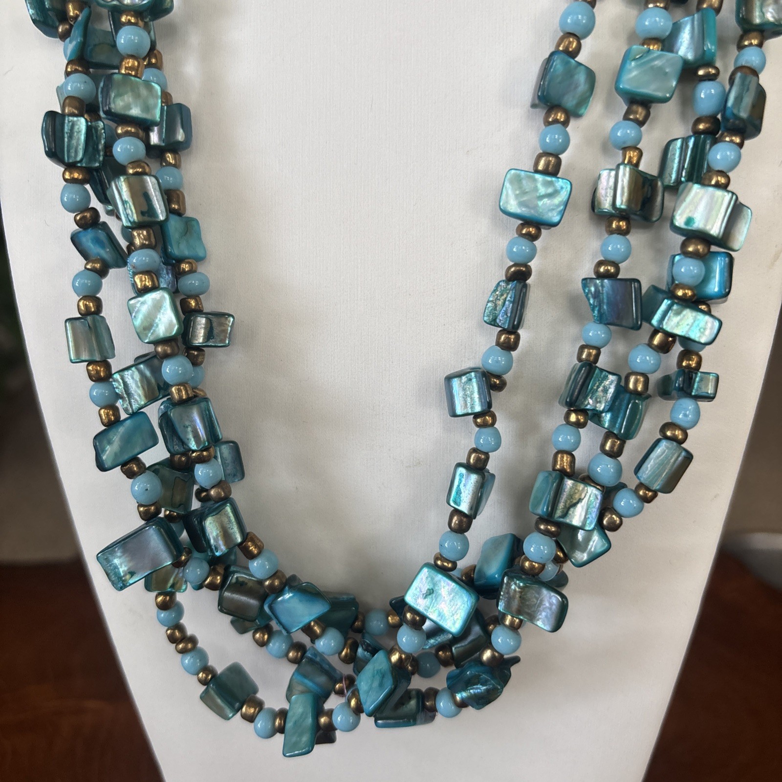 Multi Strand Turquoise Beaded Shell Statement Necklace Southwest Boho Style 19”