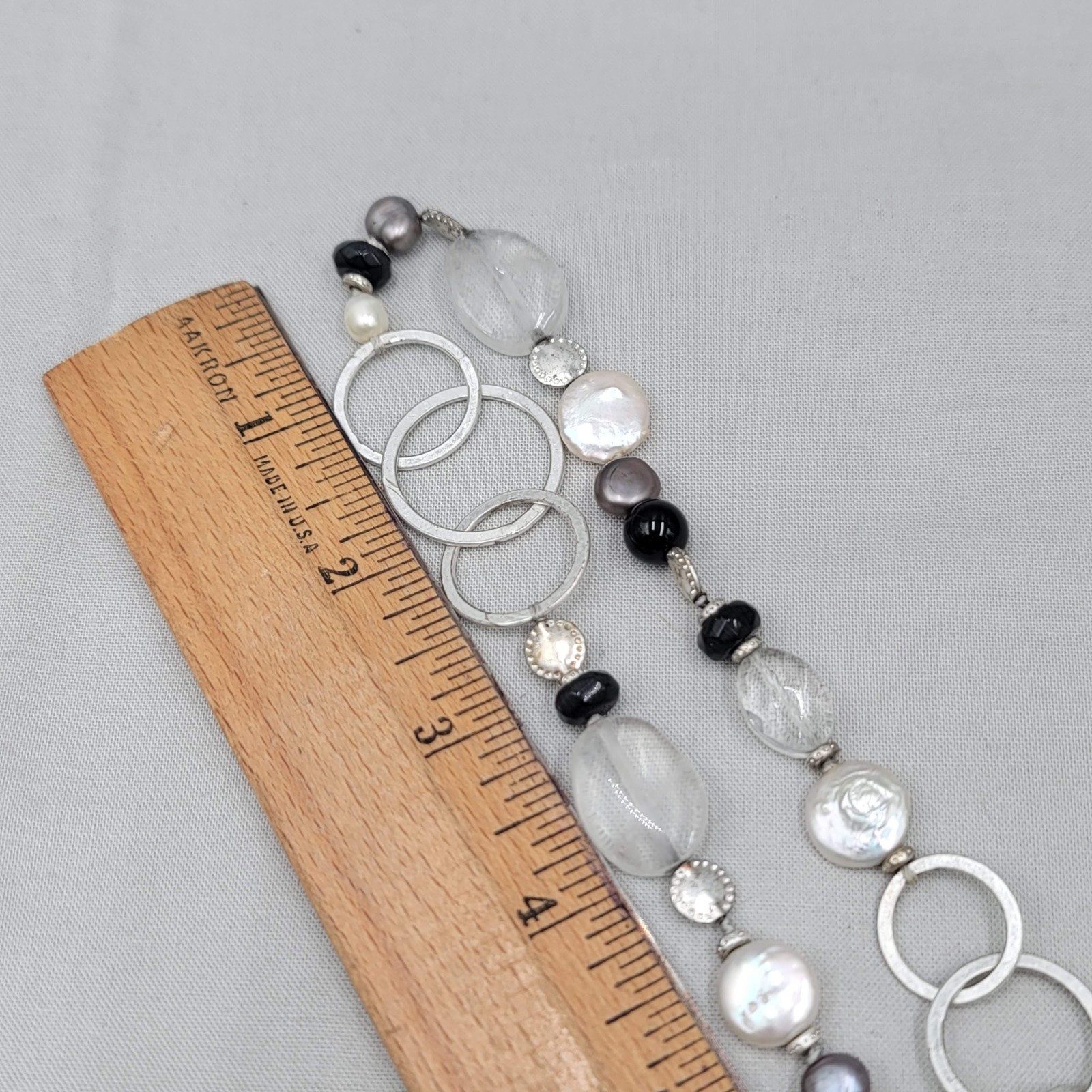 Black Gray White Beaded Necklace Silver tone Links Long 30 in