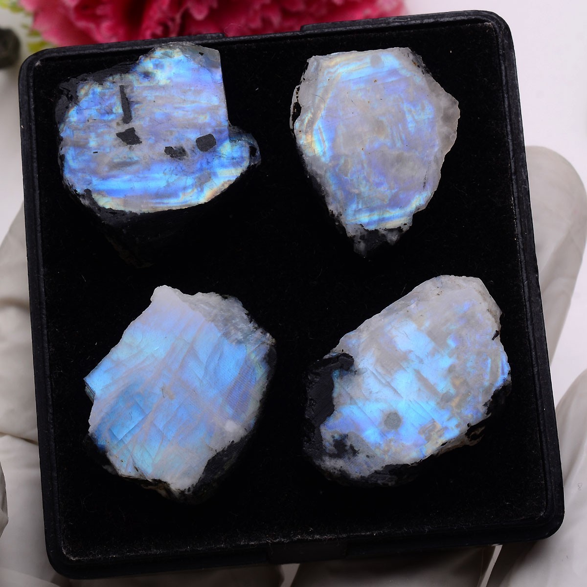 Blue Aurora~ Set Of 4 Pcs Natural Moonstone 25mm-29mm Rough Slabs Gemstones Lot