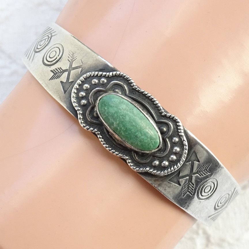 Fred Harvey Era Native American 5 1/4” Turquoise Cuff Bracelet Stamp Decorated
