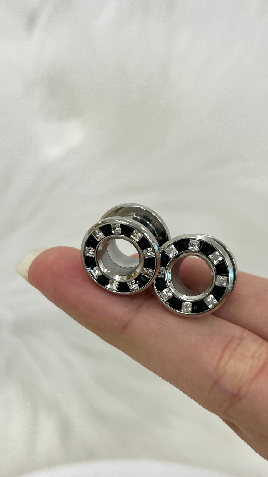 Pressed Rimmed Surgical Steel Black Clear CZ Screw Tunnel Ear Plugs – Sold Pair