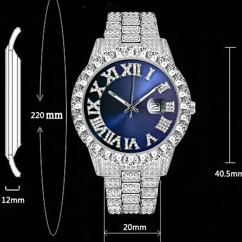 Hip Hop Iced Bling Silver Finish Rapper Blue Dial Metal Simulated Diamond Watch