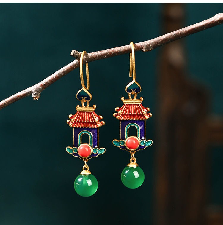 Chinese Enamel Gold Plated Earrings Palace Style Green Chalcedony Dangle