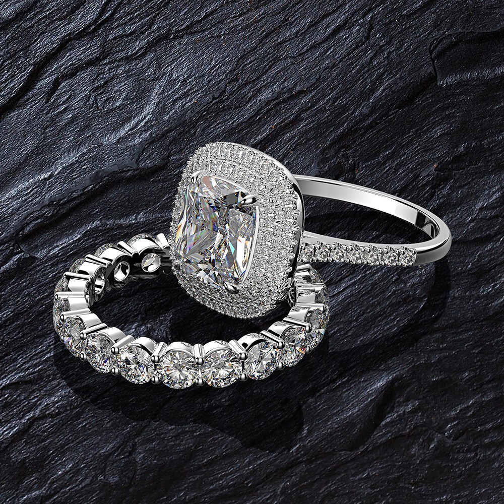 Women Solid 925 Sterling Silver High Carbon Stone Wedding Two Ring Set C20