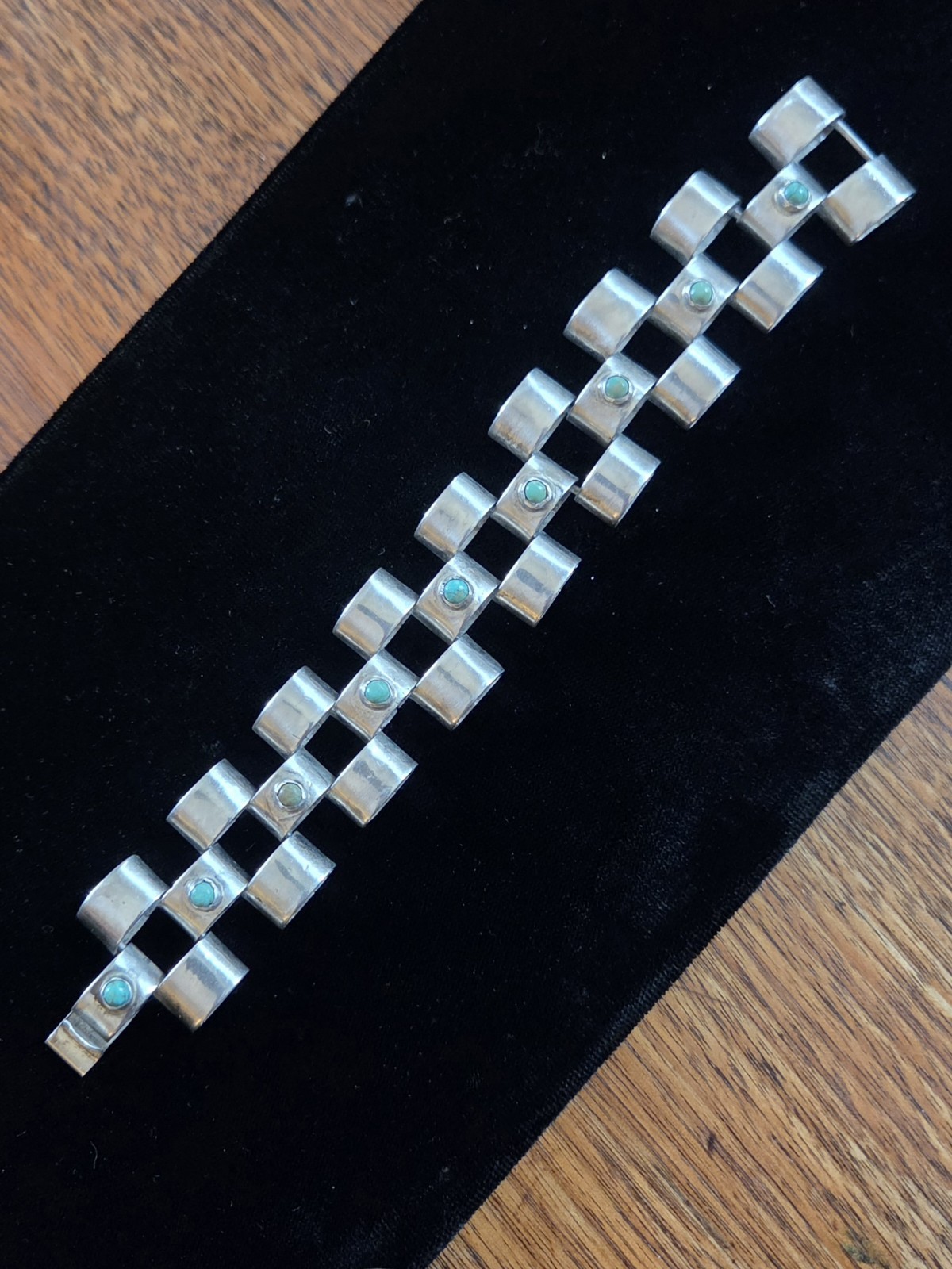 Turquoise & Mexican Silver Vintage Heavy Link Bracelet 61 grams 7.5 inches long