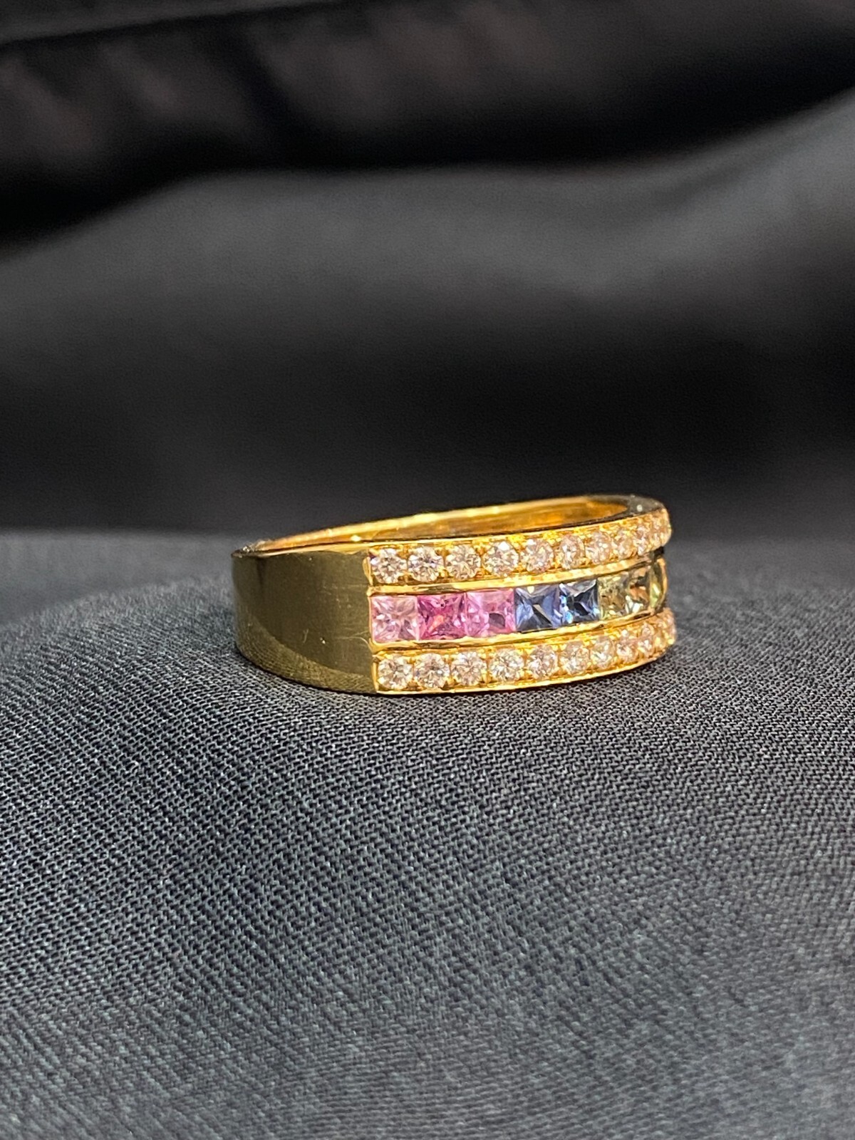 2.52 TCW Round Brilliant Diamonds Multi Color Princess Sapphire Ring in 18K Gold