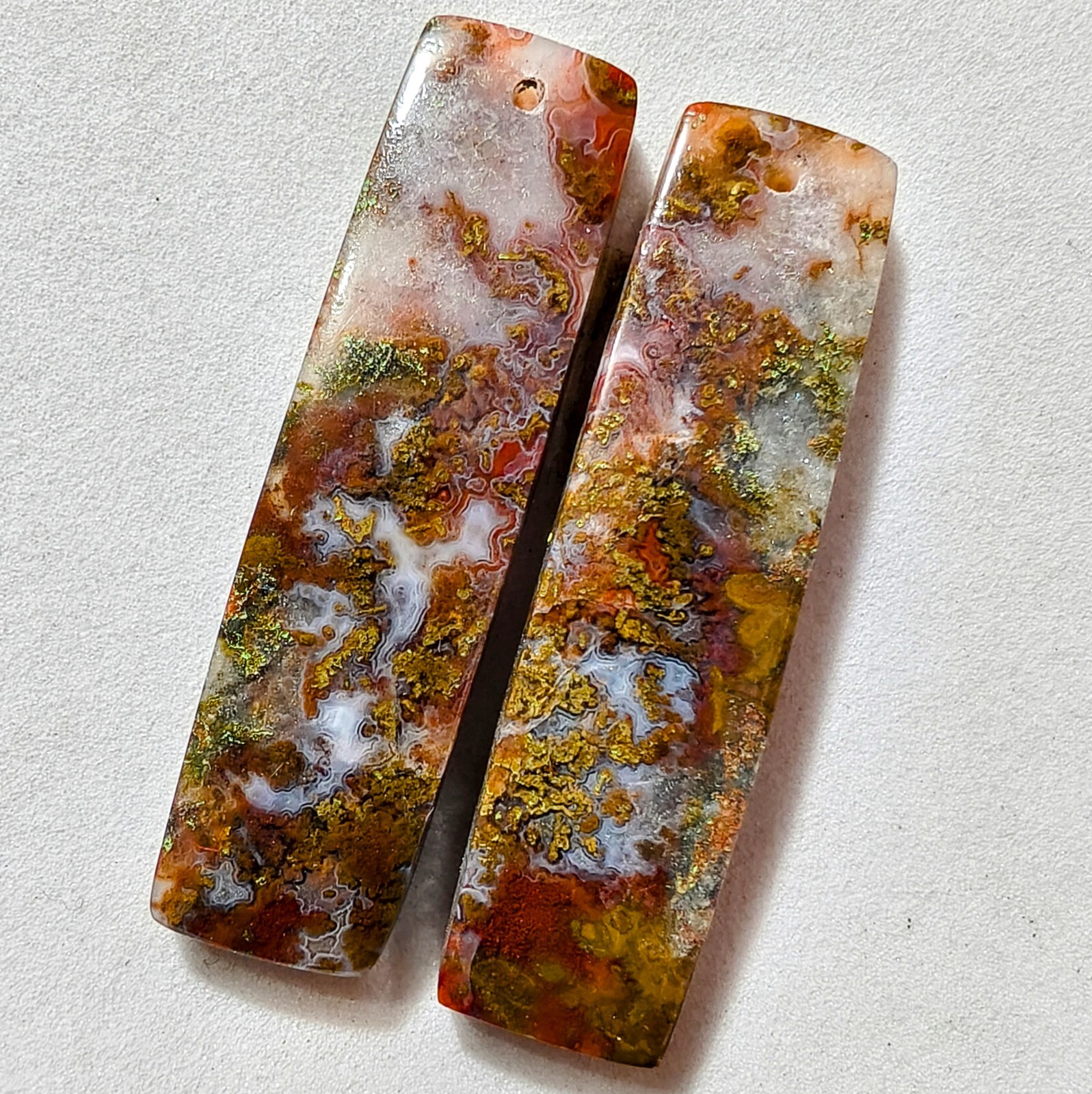 54 Cts Natural Seam Agate Drilled Match Pair Cabochon Gemstone 42.5 X 11.6 MM