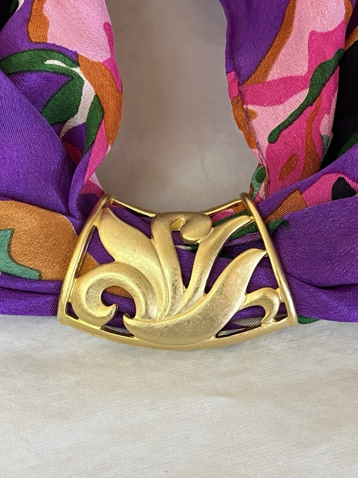 Vintage Scarf Slide Ring with Floral Design Gold Tone