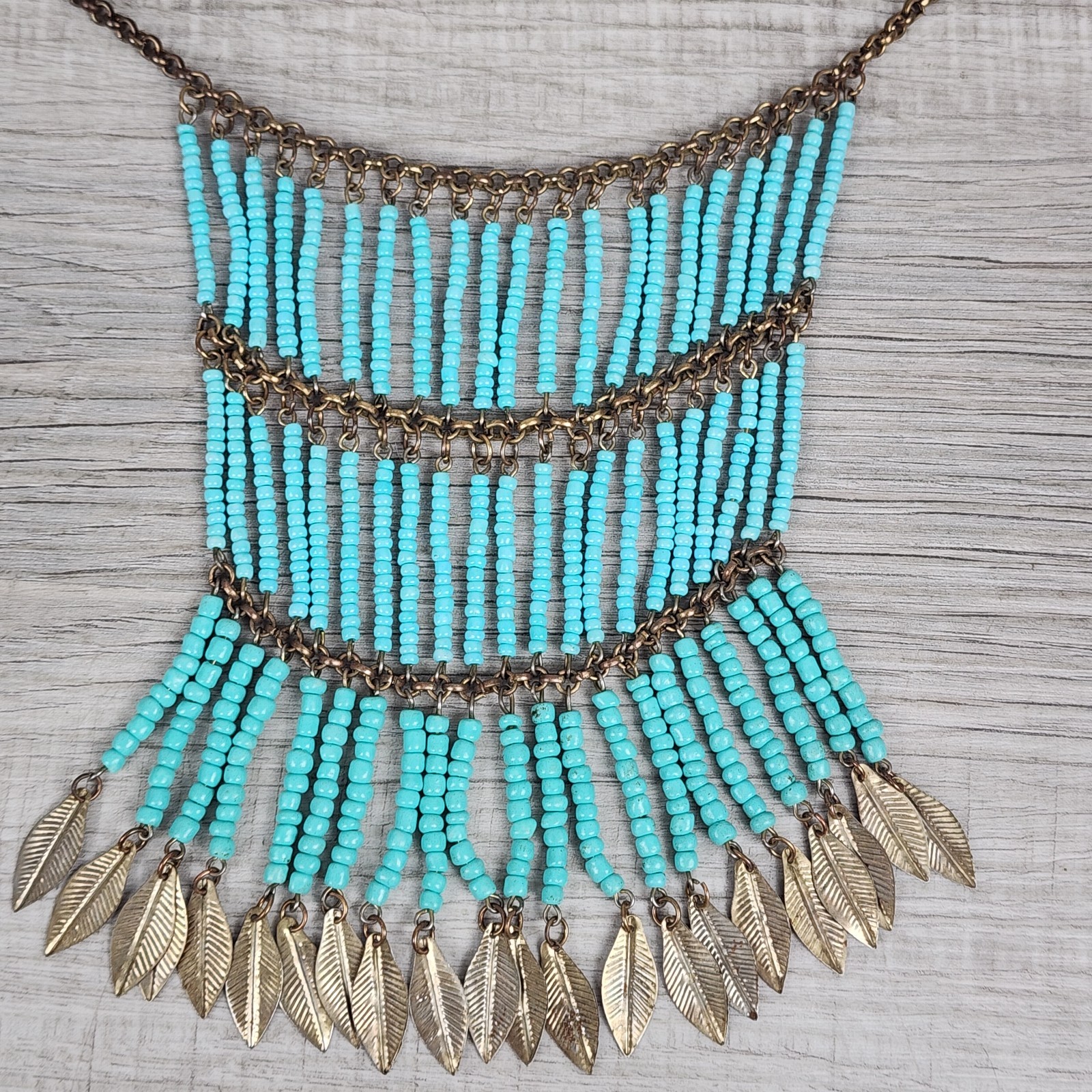 Vintage Turquoise Seed Bead Fringe Bib Necklace Leaves Charms Boho Tribal