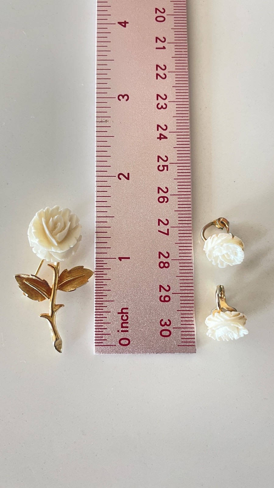 Vintage Carved Celluloid Rose Brooch & Matching Clip Earrings Cream Gold Tone
