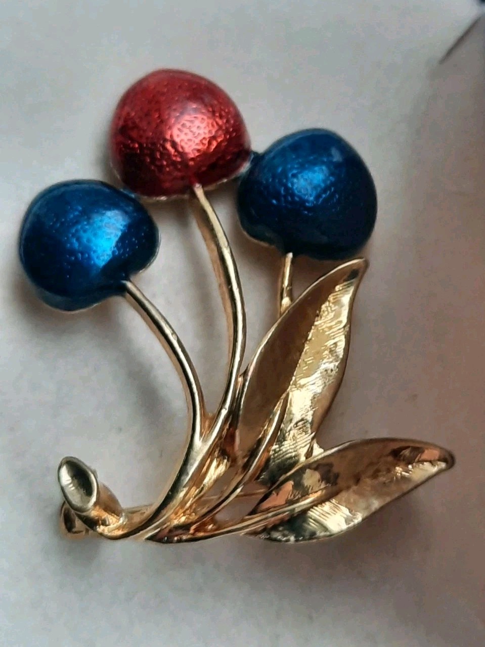 Vintage Brooch Fruit Cherries Pin Red Blue Enamel Gold Tone 1980s American Diner