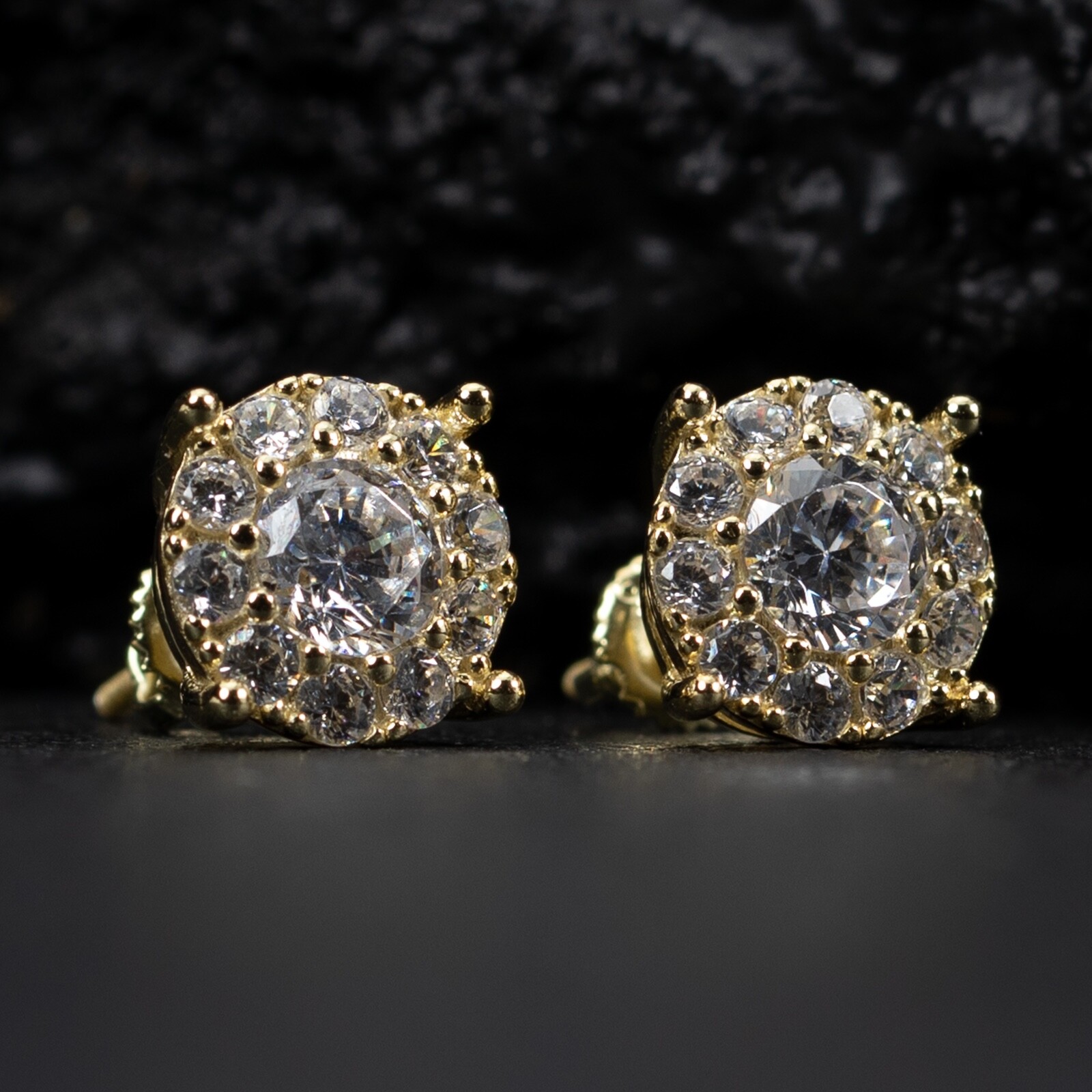 14K Gold Plated Men’s Hip Hop Iced Cluster 925 Sterling Silver Stud Earrings