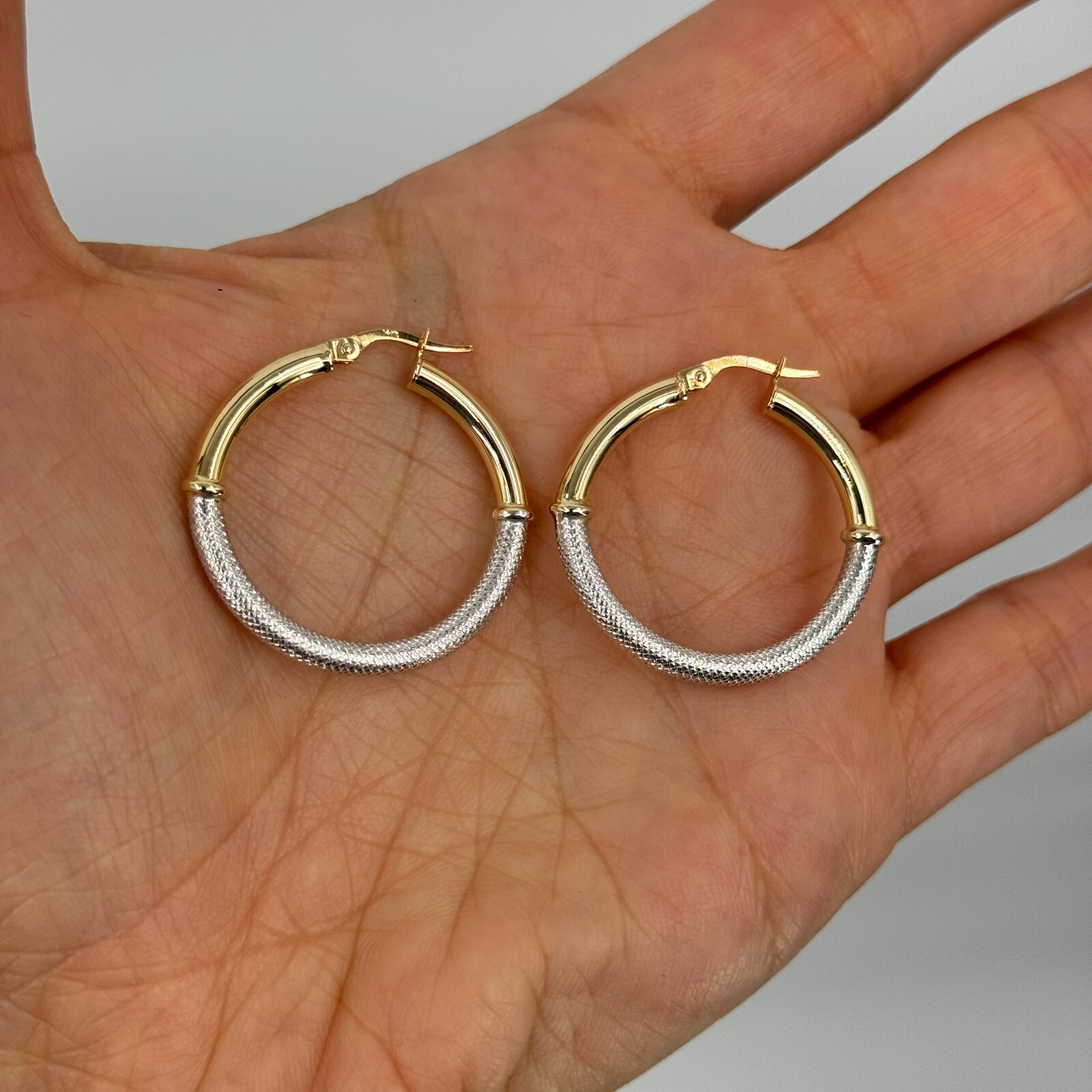 Italian 14k Yellow & White Gold Waffle Texure & Shine Hollow Hoop Earrings 1.2″