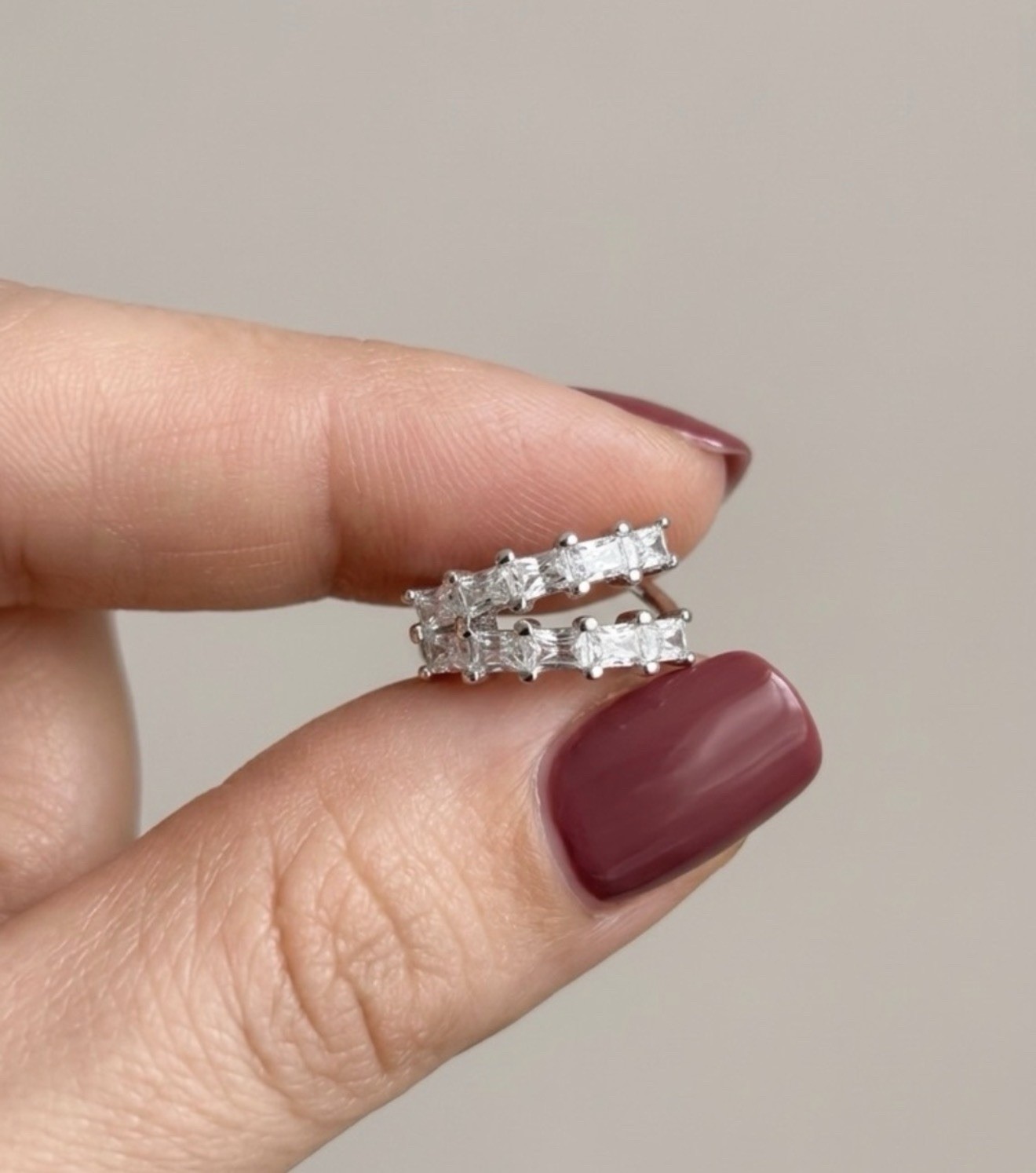 Platinum Plated Baguette Cut Zirconia Double Row Ear Cuff | No Piercing