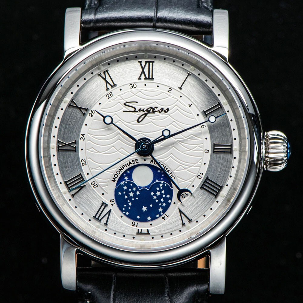 Sugess Moonphase Mechanical Steel Leather Black White Sapphire Men’s Watch