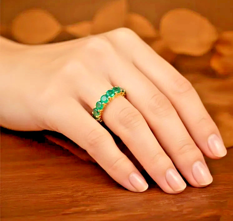 6.00Ct Oval Cut Natural Emerald Diamond Solid 14K Yellow Gold Eternity Band Ring