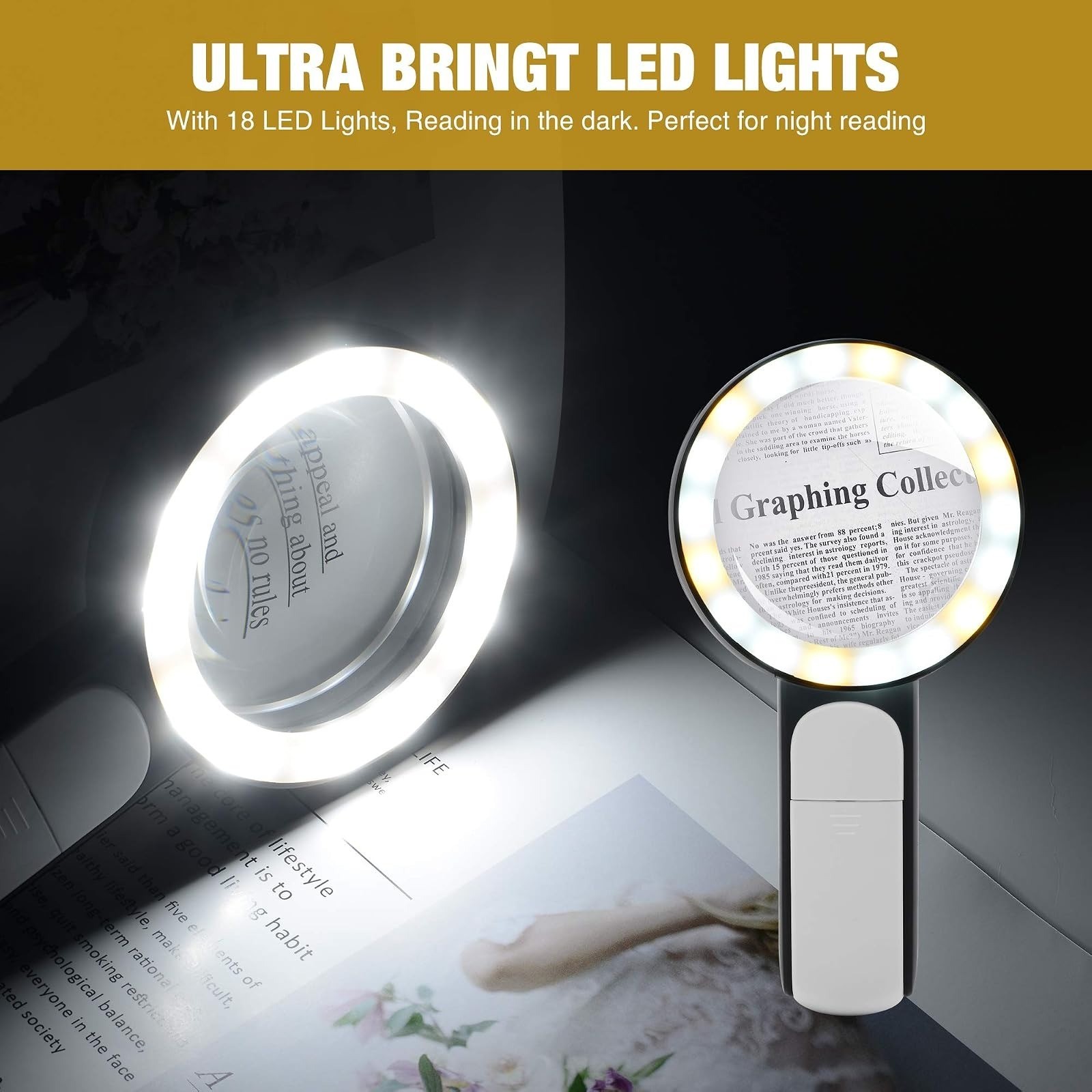 JMH Magnifying Glass with Light, Handheld Large Magnifying Glass 18LED Cold and